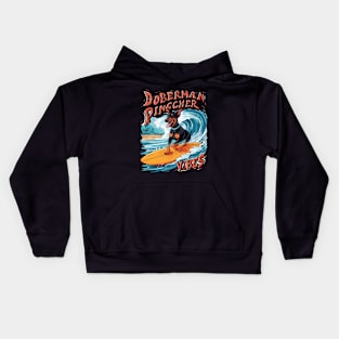 Surfing Doberman Pinscher Riding Tropical Wave Kids Hoodie